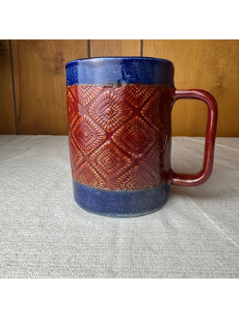 Studio Pottery Mug Red Blue Glaze Textured Geometric Design 4.75 Inch - Picture 2 of 9